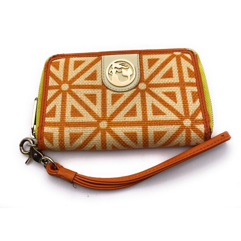 Womens Spartina Wallet Wristlet Tangerine Zip Around Linen Leather 5"x8"